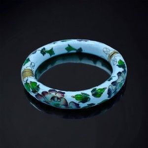 Vintage Asian Cloisonné Hinge Bangle Bracelet Enamel Lotus Flower
